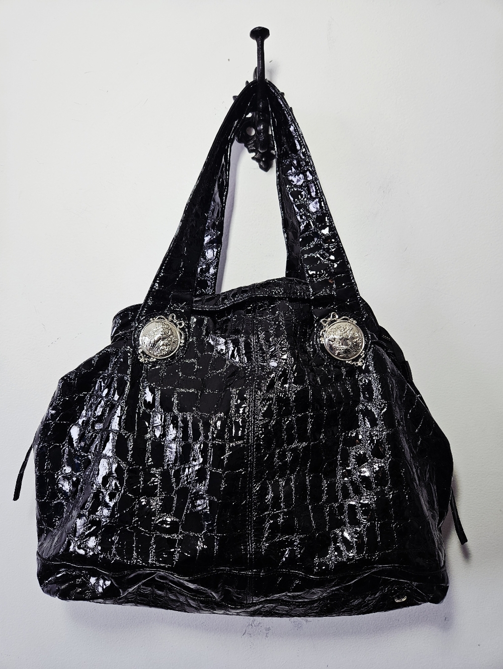 Vintage Arnold Churgin Embossed Crocodille Leather Tote Bag Black Purse Large